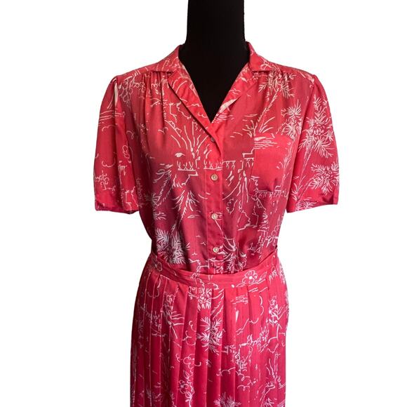 Vintage 2 Piece Pink Coral Collared Blouse & Matching Pleated Skirt Est Size - S - Picture 9 of 10